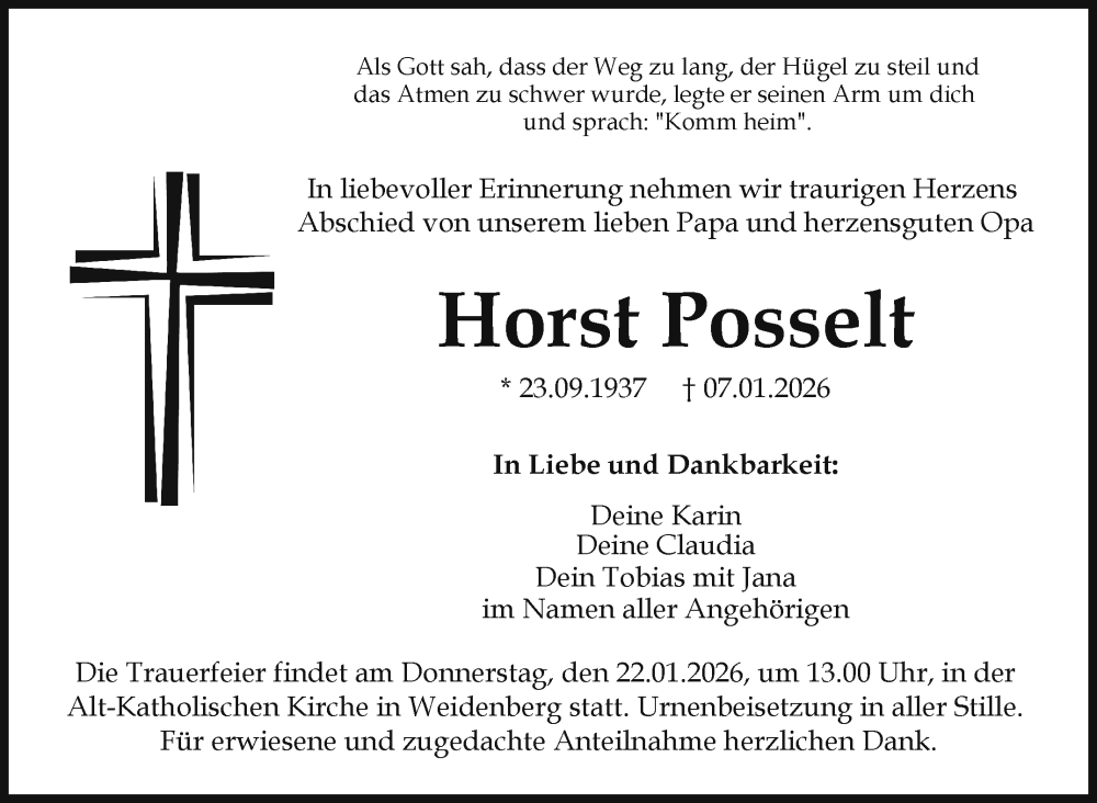  Traueranzeige für Horst Posselt vom 17.01.2026 aus Nordbayerischer Kurier