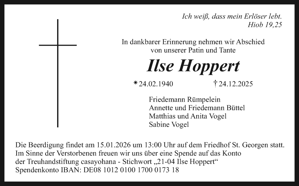  Traueranzeige für Ilse Hoppert vom 13.01.2026 aus Nordbayerischer Kurier