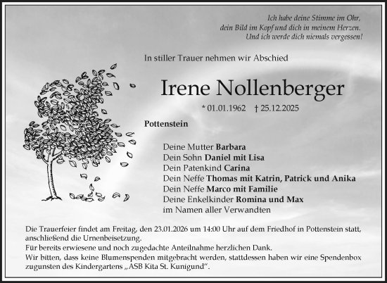 Anzeige von Irene Nollenberger von Nordbayerischer Kurier