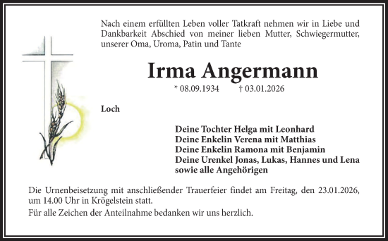 Anzeige von Irma Angermann von Nordbayerischer Kurier