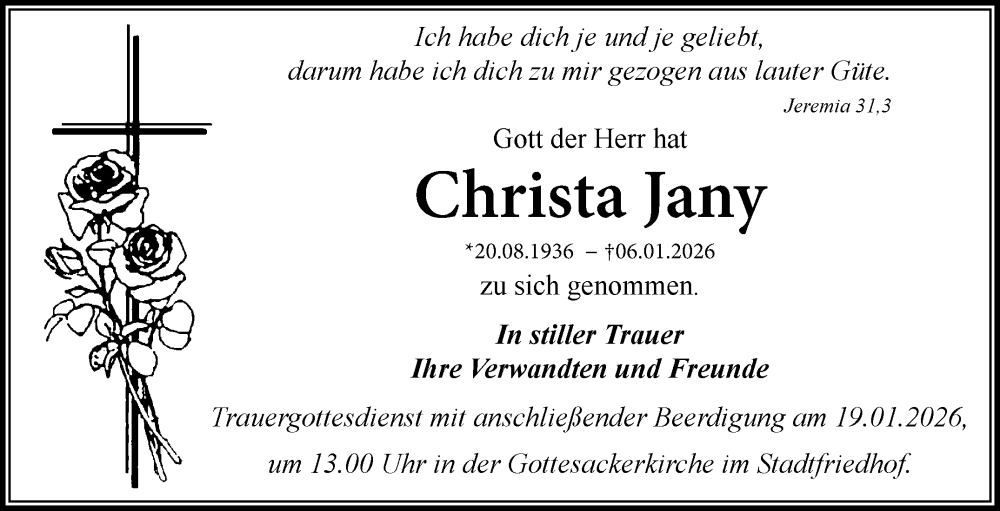  Traueranzeige für Jany Christa vom 10.01.2026 aus Nordbayerischer Kurier
