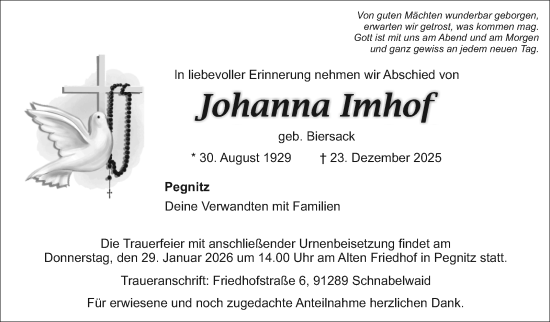 Anzeige von Johanna Imhof von Nordbayerischer Kurier