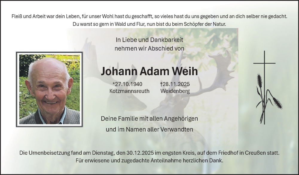  Traueranzeige für Johann Adam Weih vom 03.01.2026 aus Nordbayerischer Kurier