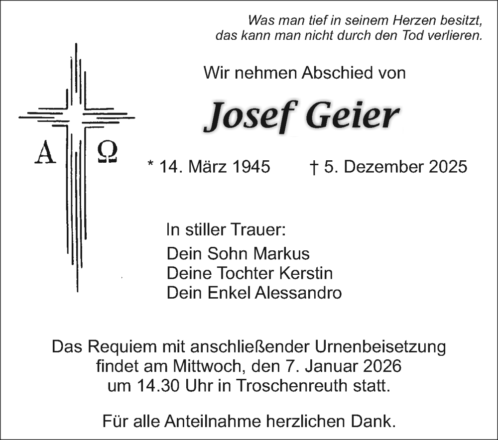  Traueranzeige für Josef Geier vom 03.01.2026 aus Nordbayerischer Kurier