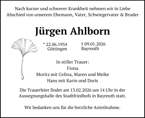 Anzeige von Jürgen Ahlborn von Nordbayerischer Kurier