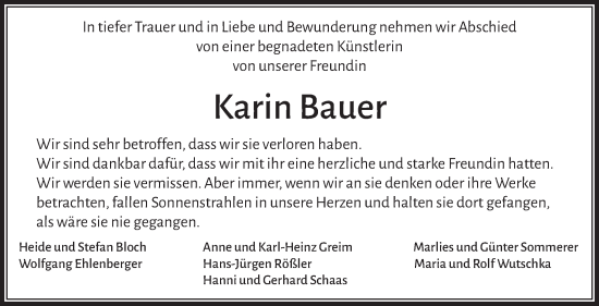 Anzeige von Karin Bauer von Nordbayerischer Kurier