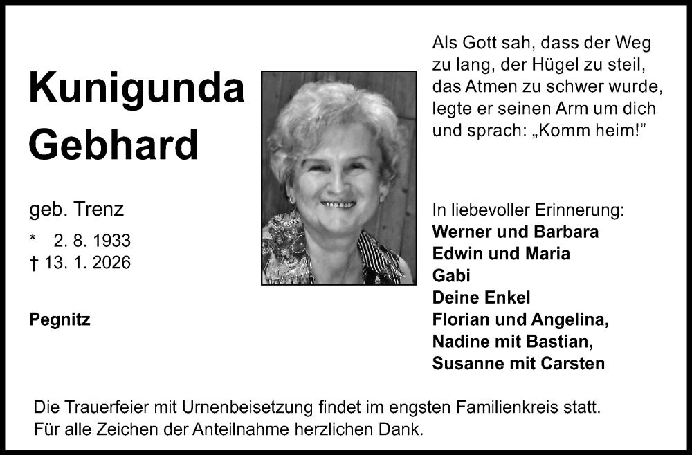 Traueranzeige für Kunigunda Gebhard vom 17.01.2026 aus Nordbayerischer Kurier