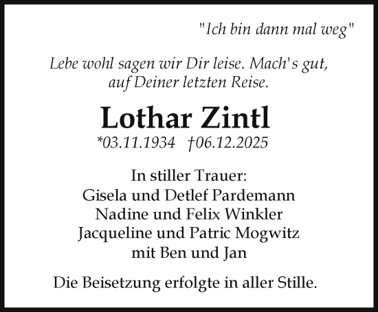 Anzeige von Lothar Zintl von Nordbayerischer Kurier