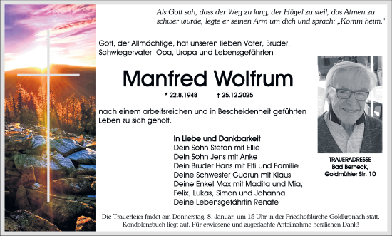 Anzeige von Manfred Wolfrum von Nordbayerischer Kurier
