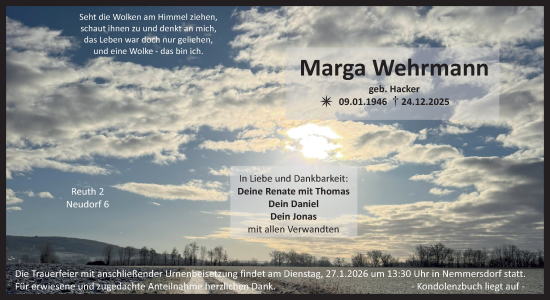 Anzeige von Marga Wehrmann von Nordbayerischer Kurier
