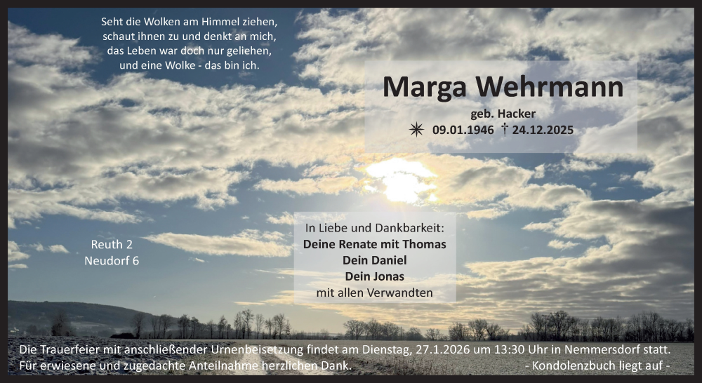  Traueranzeige für Marga Wehrmann vom 24.01.2026 aus Nordbayerischer Kurier