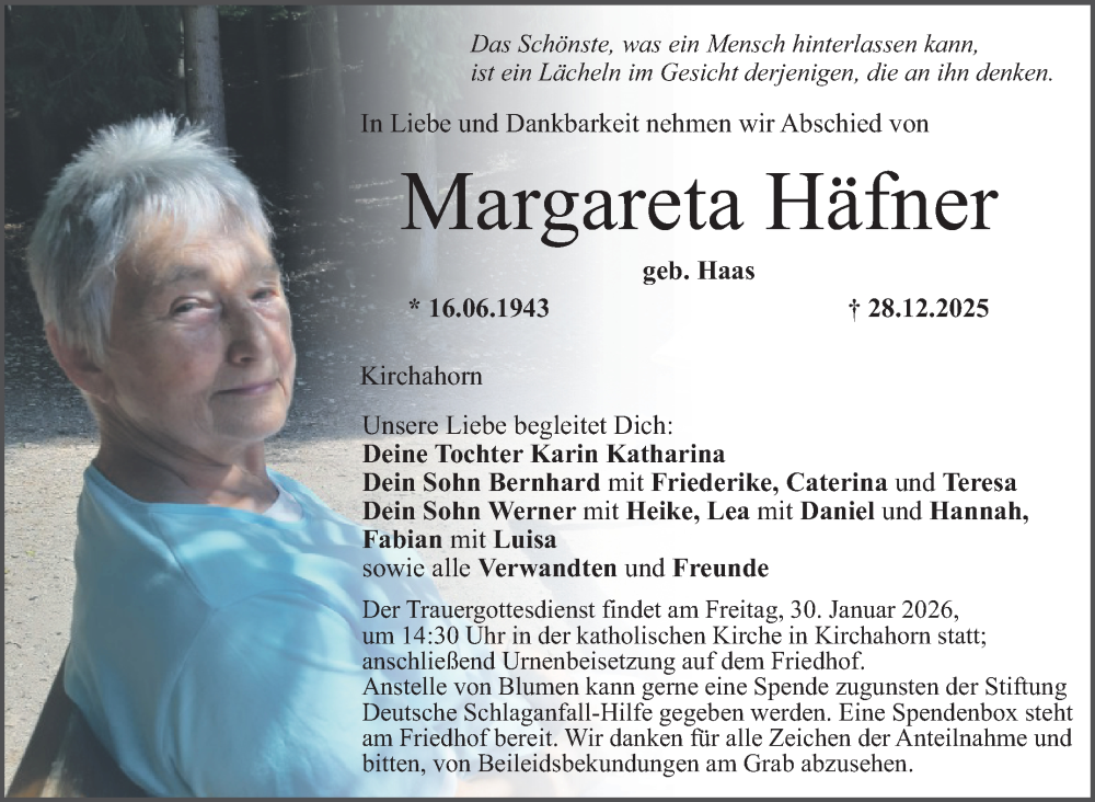  Traueranzeige für Margareta Häfner vom 24.01.2026 aus Nordbayerischer Kurier