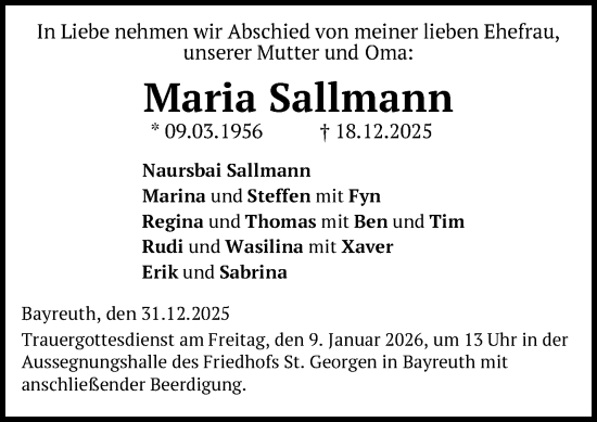 Anzeige von Maria Sallmann von Nordbayerischer Kurier