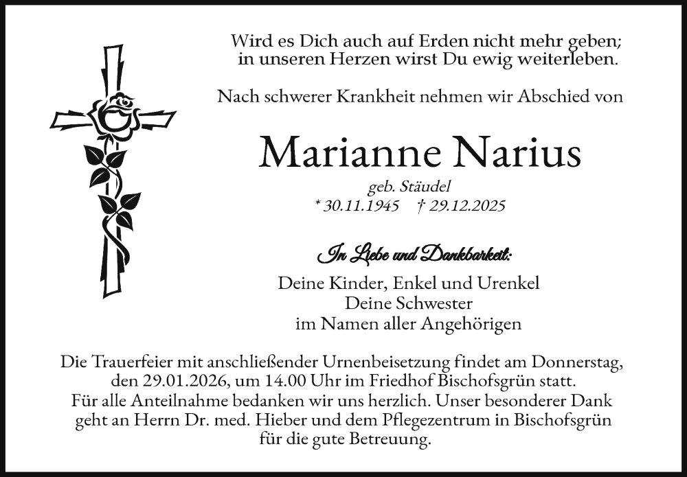  Traueranzeige für Marianne Narius vom 24.01.2026 aus Nordbayerischer Kurier