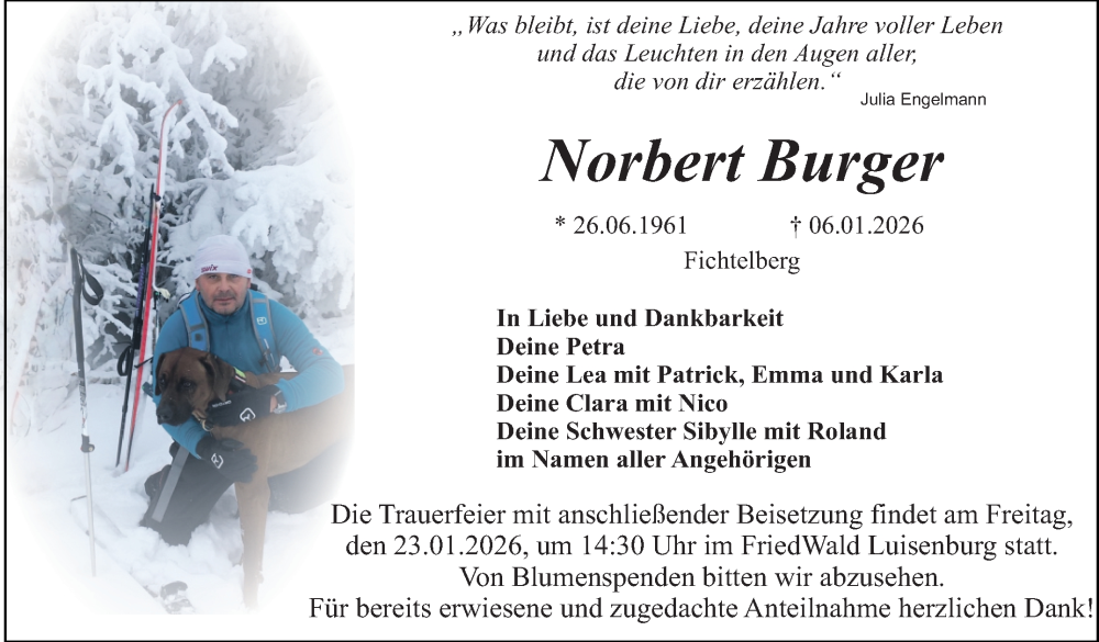  Traueranzeige für Norbert Burger vom 17.01.2026 aus Nordbayerischer Kurier