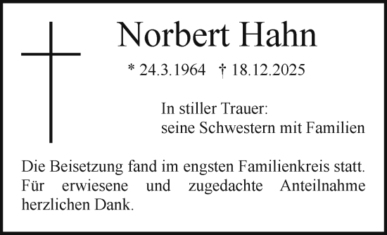 Anzeige von Norbert Hahn von Nordbayerischer Kurier