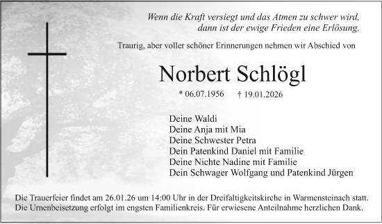 Anzeige von Norbert Schlögl von Nordbayerischer Kurier