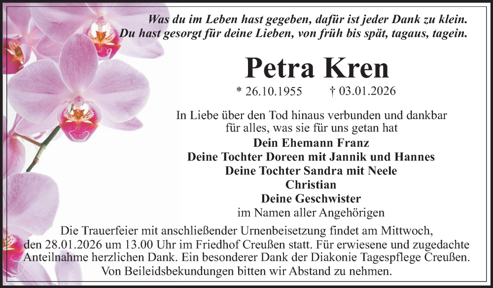  Traueranzeige für Petra Kren vom 17.01.2026 aus Nordbayerischer Kurier