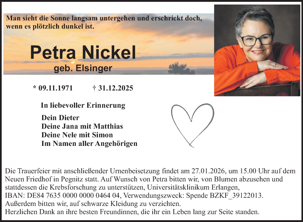  Traueranzeige für Petra Nickel vom 17.01.2026 aus Nordbayerischer Kurier