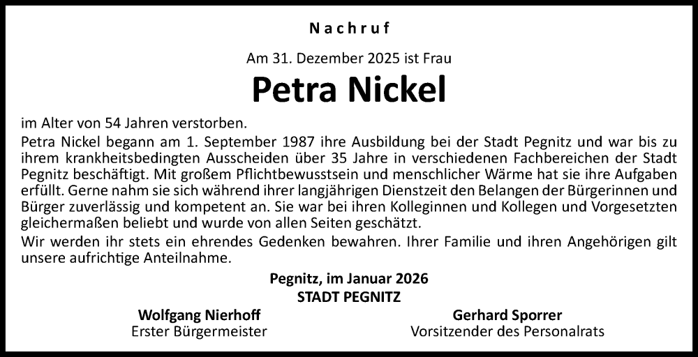  Traueranzeige für Petra Nickel vom 17.01.2026 aus Nordbayerischer Kurier