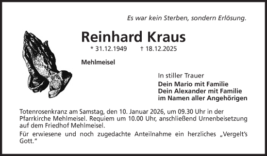 Anzeige von Reinhard Kraus von Nordbayerischer Kurier