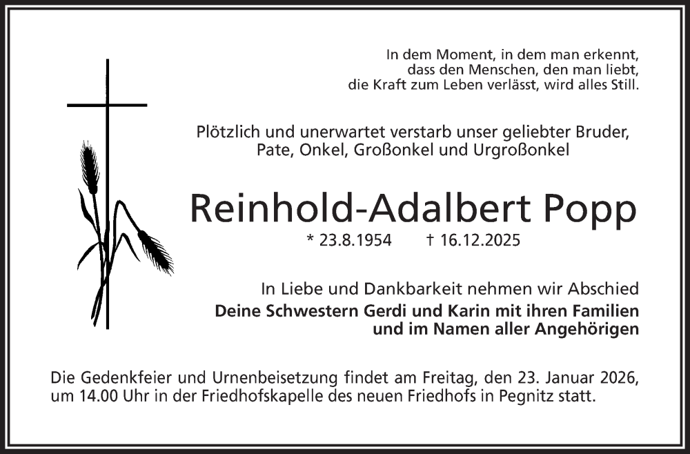  Traueranzeige für Reinhold-Adalbert Popp vom 17.01.2026 aus Nordbayerischer Kurier