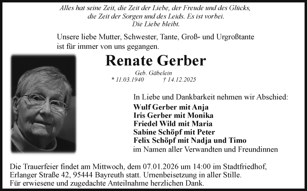  Traueranzeige für Renate Gerber vom 03.01.2026 aus Nordbayerischer Kurier