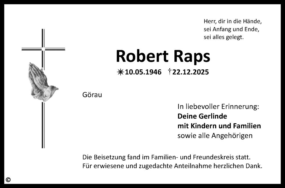  Traueranzeige für Robert Raps vom 10.01.2026 aus Nordbayerischer Kurier