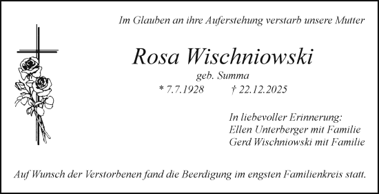Anzeige von Rosa Wischniowski von Nordbayerischer Kurier