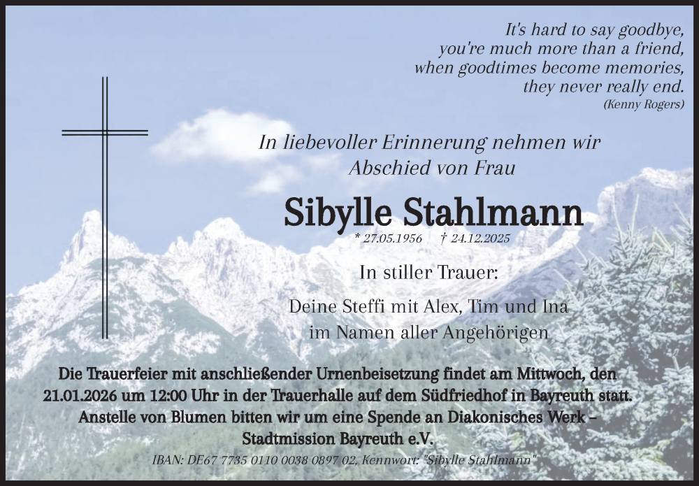  Traueranzeige für Sibylle Stahlmann vom 17.01.2026 aus Nordbayerischer Kurier
