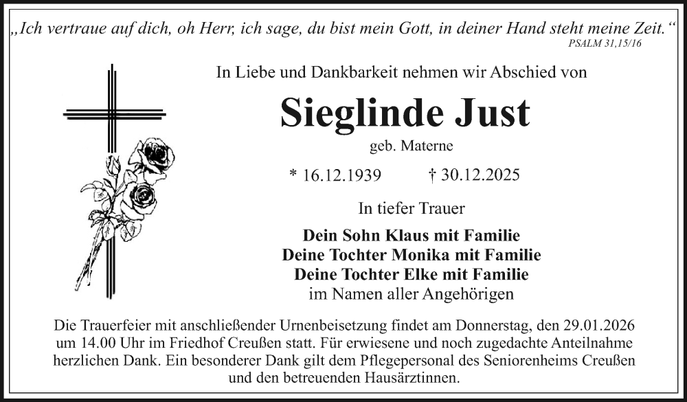  Traueranzeige für Sieglinde Just vom 24.01.2026 aus Nordbayerischer Kurier