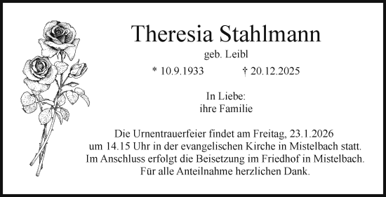 Anzeige von Theresia Stahlmann von Nordbayerischer Kurier