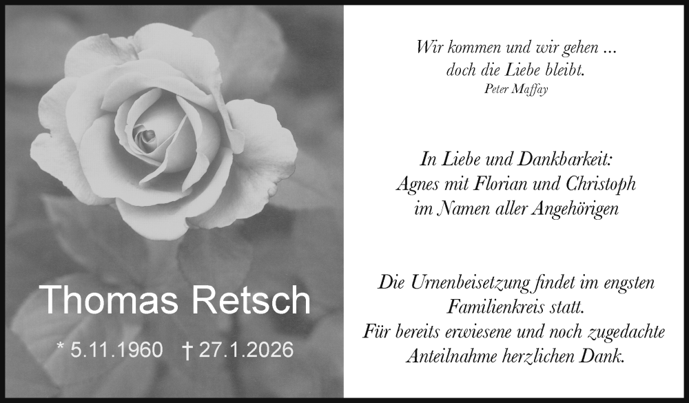  Traueranzeige für Thomas Retsch vom 31.01.2026 aus Nordbayerischer Kurier