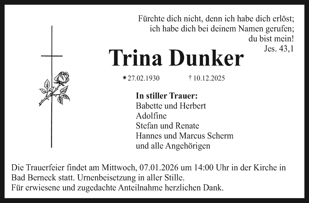  Traueranzeige für Trina Dunker vom 03.01.2026 aus Nordbayerischer Kurier