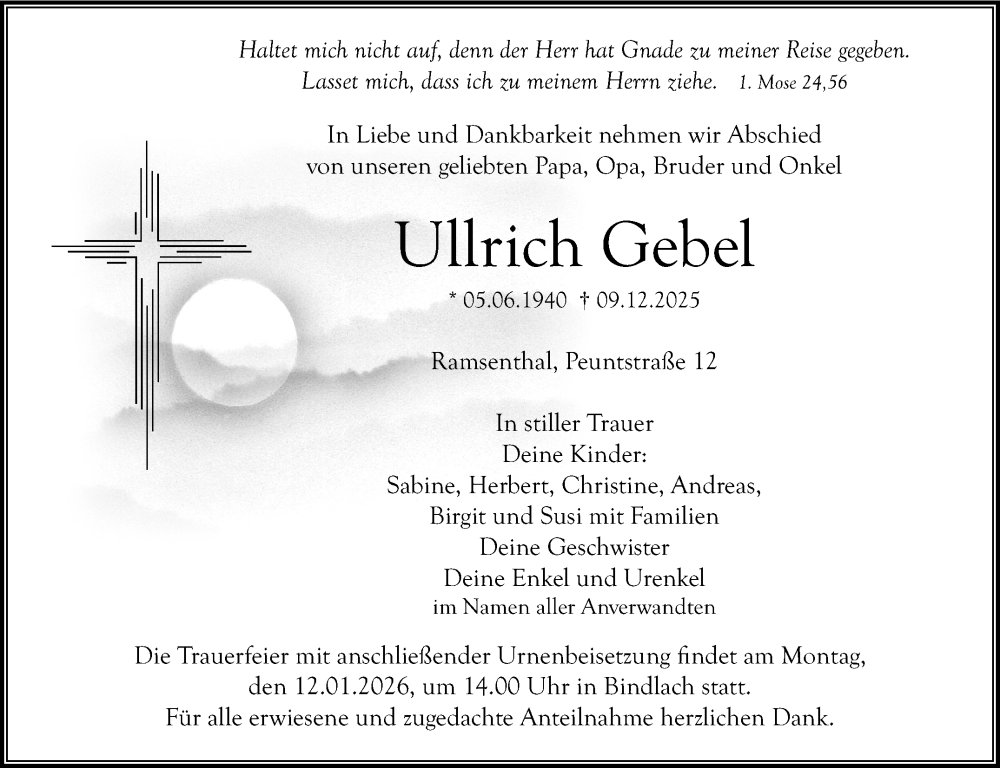  Traueranzeige für Ullrich Gebel vom 03.01.2026 aus Nordbayerischer Kurier