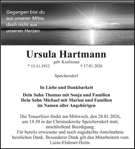 Anzeige von Ursula Hartmann von Nordbayerischer Kurier