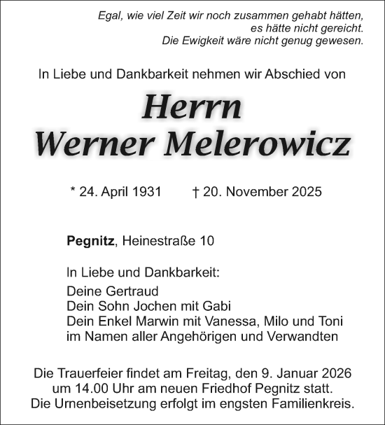 Anzeige von Werner Melerowicz von Nordbayerischer Kurier
