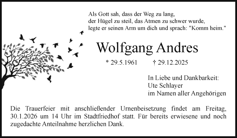  Traueranzeige für Wolfgang Andres vom 24.01.2026 aus Nordbayerischer Kurier