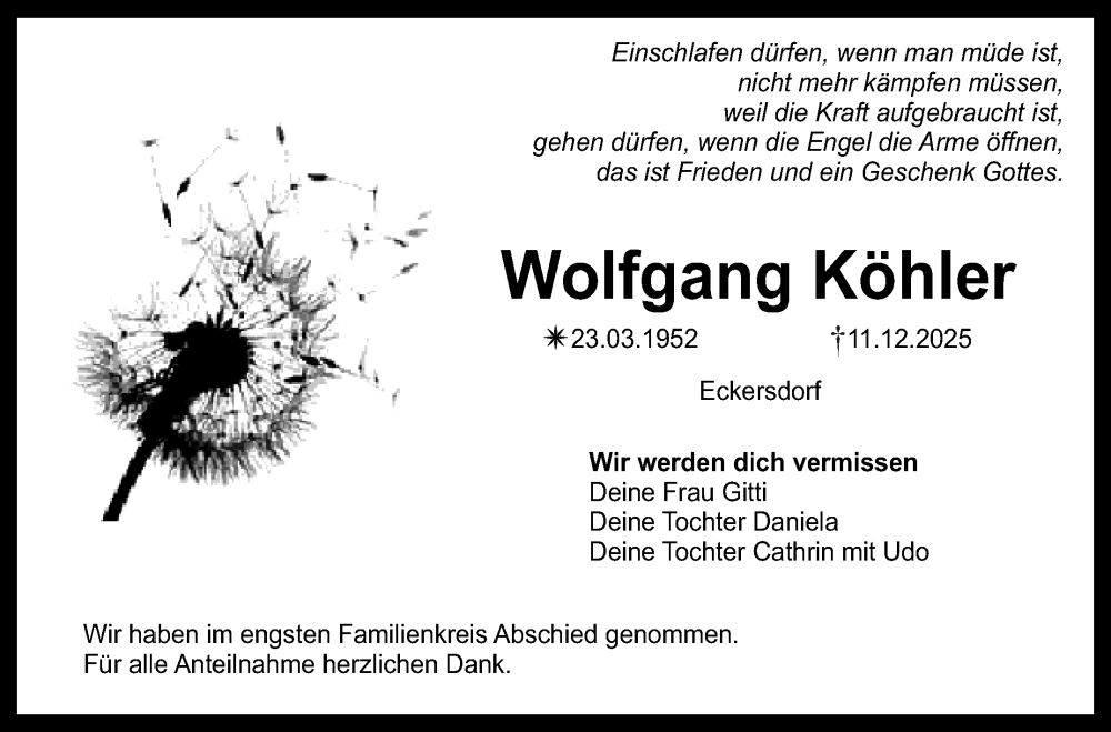  Traueranzeige für Wolfgang Köhler vom 24.01.2026 aus Nordbayerischer Kurier