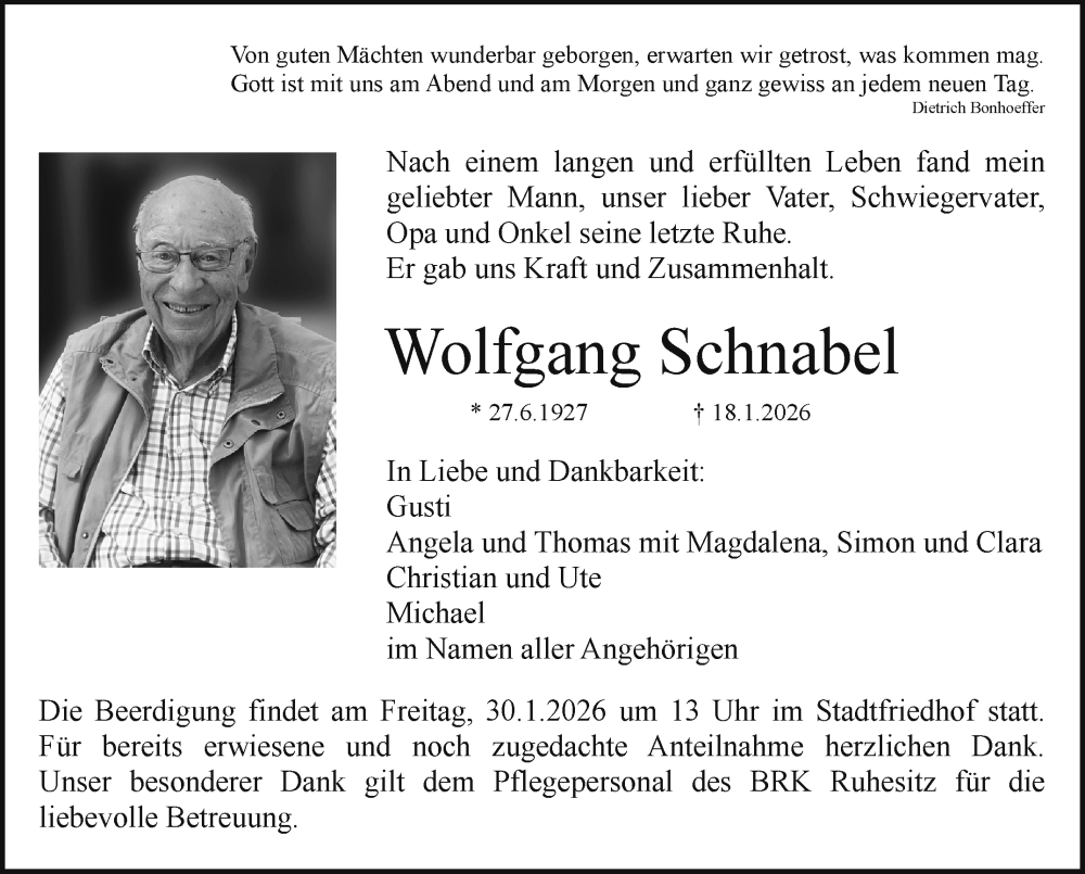  Traueranzeige für Wolfgang Schnabel vom 24.01.2026 aus Nordbayerischer Kurier