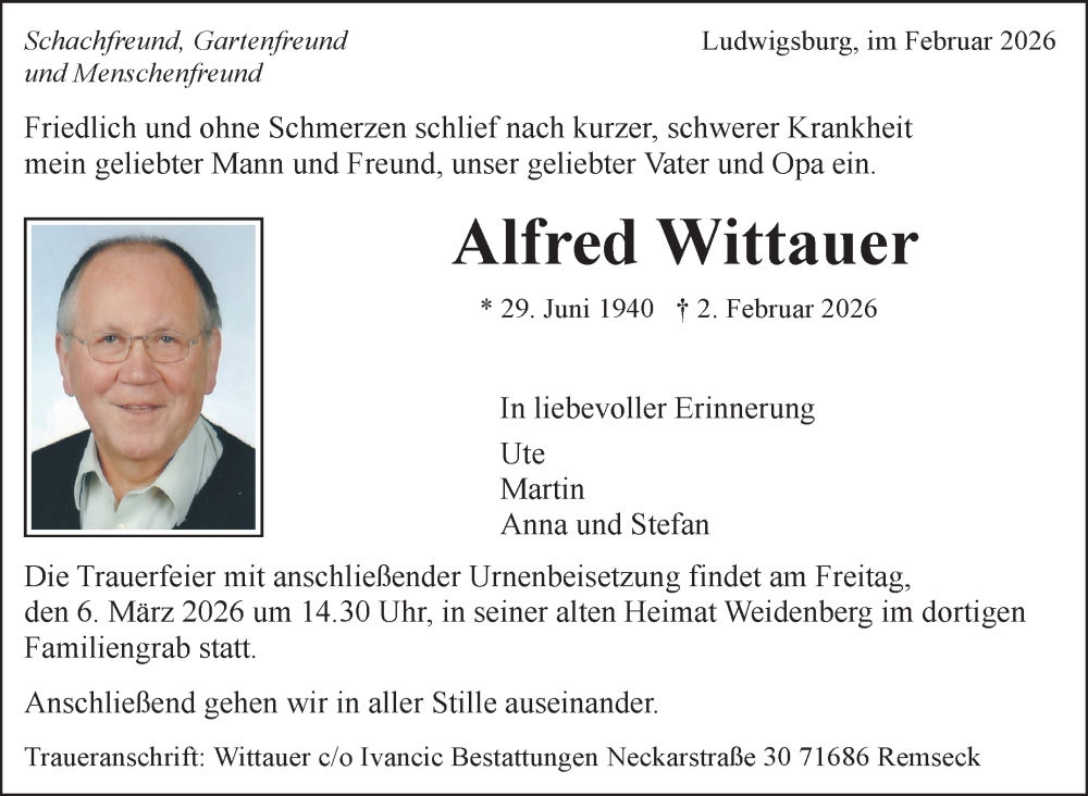  Traueranzeige für Alfred Wittauer vom 10.02.2026 aus Nordbayerischer Kurier