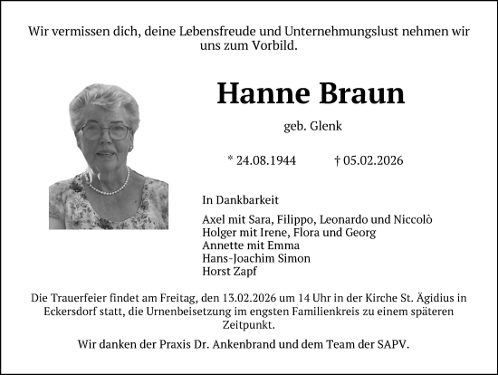 Anzeige von Hanne Braun von Nordbayerischer Kurier