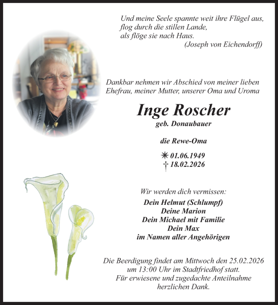 Anzeige von Inge Roscher von Nordbayerischer Kurier