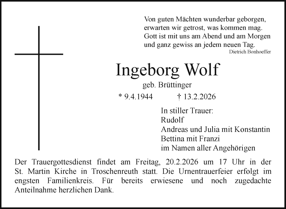  Traueranzeige für Ingeborg Wolf vom 14.02.2026 aus Nordbayerischer Kurier
