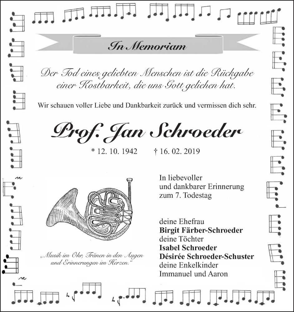  Traueranzeige für Jan Schroeder vom 14.02.2026 aus Nordbayerischer Kurier