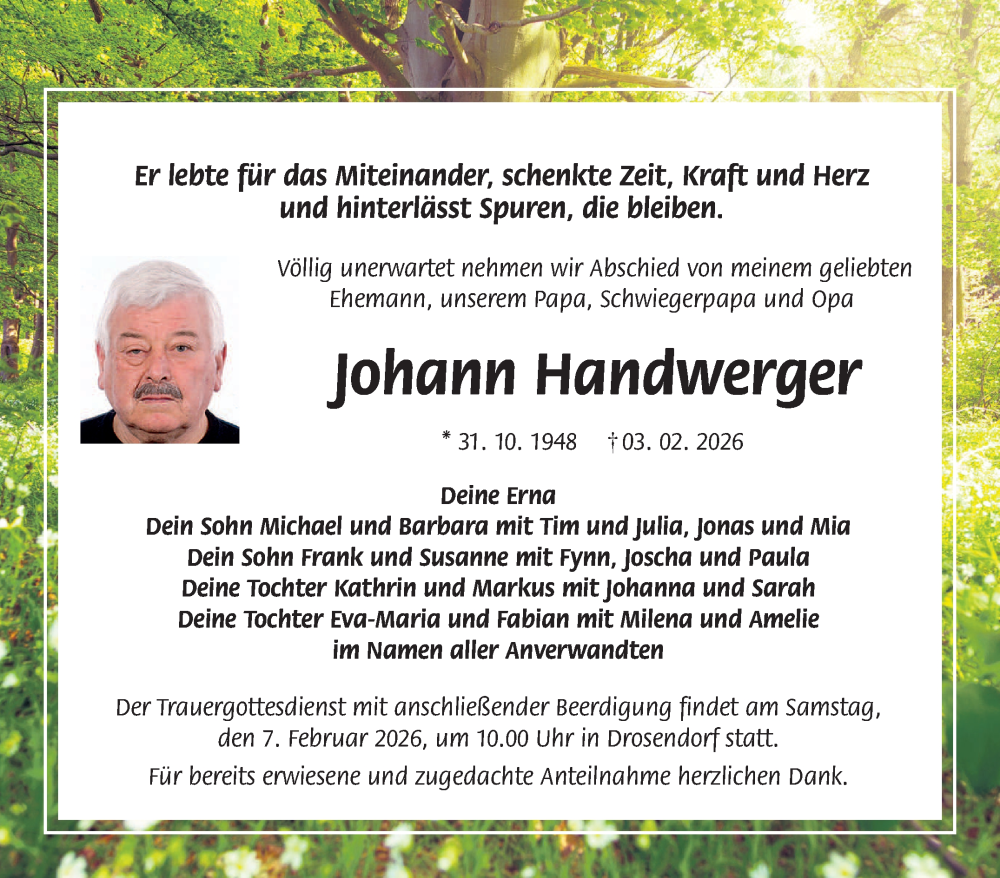  Traueranzeige für Johann Handwerger vom 05.02.2026 aus Nordbayerischer Kurier