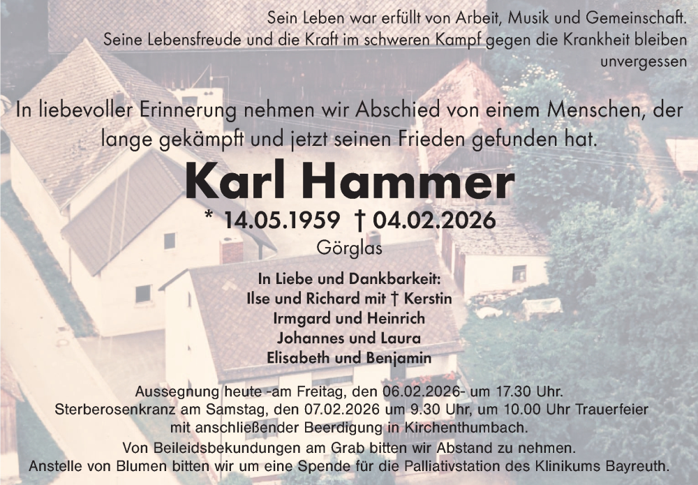  Traueranzeige für Karl Hammer vom 06.02.2026 aus Nordbayerischer Kurier