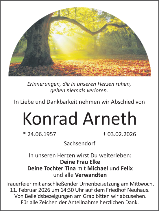 Anzeige von Konrad Arneth von Nordbayerischer Kurier