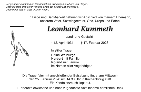 Anzeige von Leonhard Kummeth von Nordbayerischer Kurier