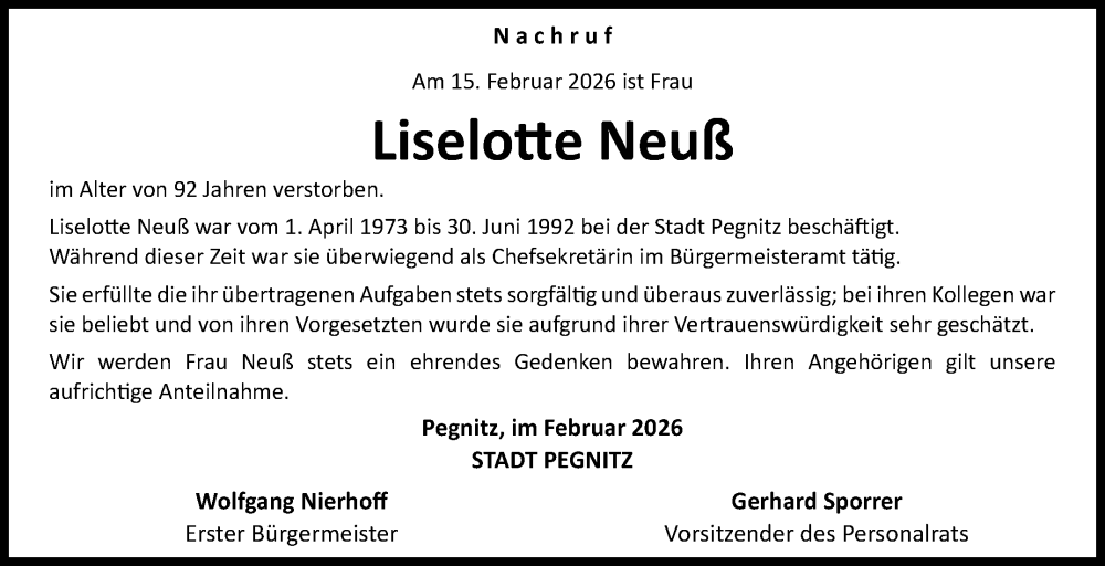  Traueranzeige für Liselotte Neuß vom 21.02.2026 aus Nordbayerischer Kurier